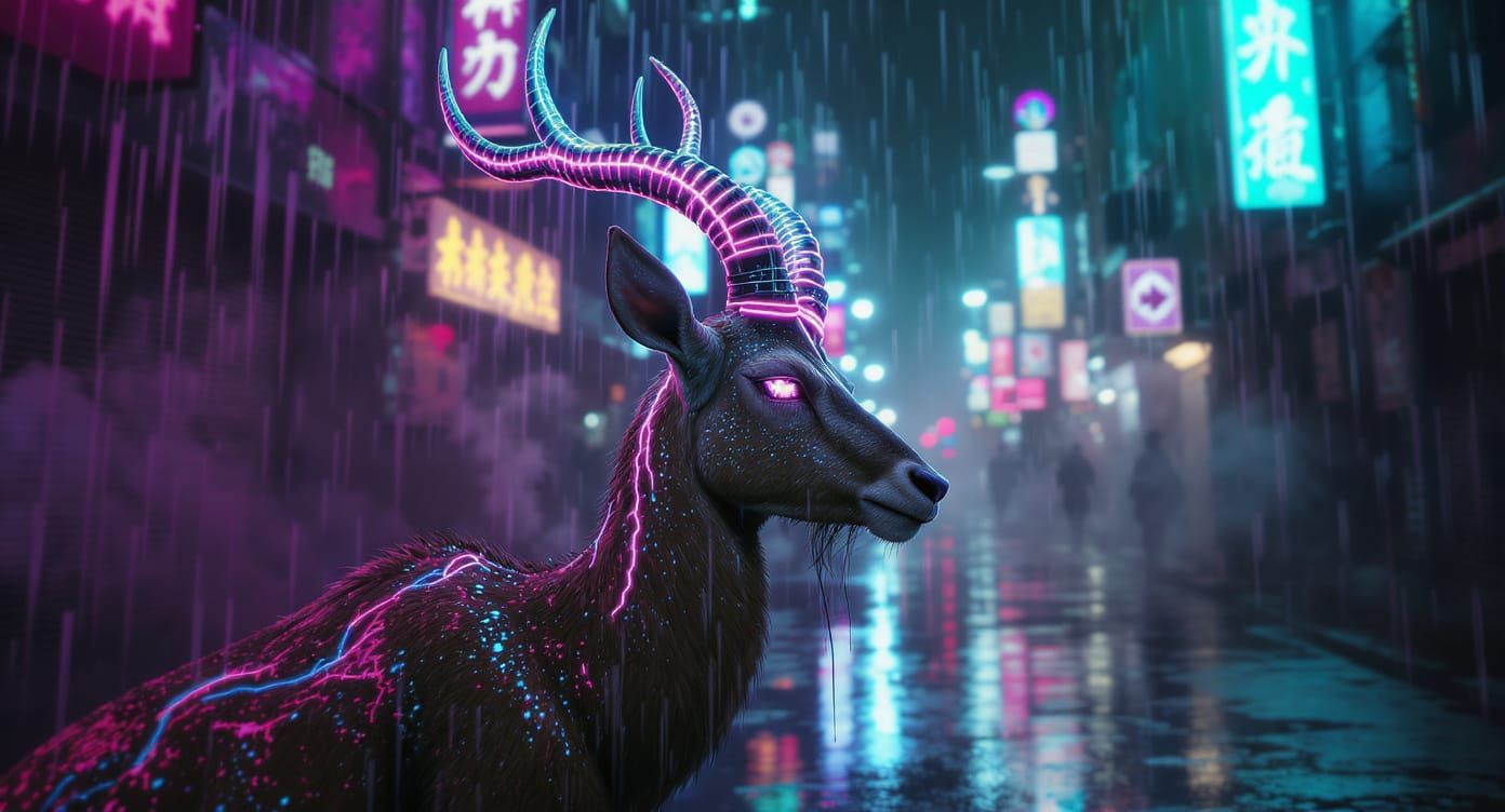 Cyberpunk Gazelle in Neon Alley