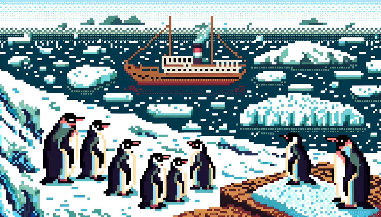 8-Bit Penguins Witness a Distant Boat in the Frosty Tundra