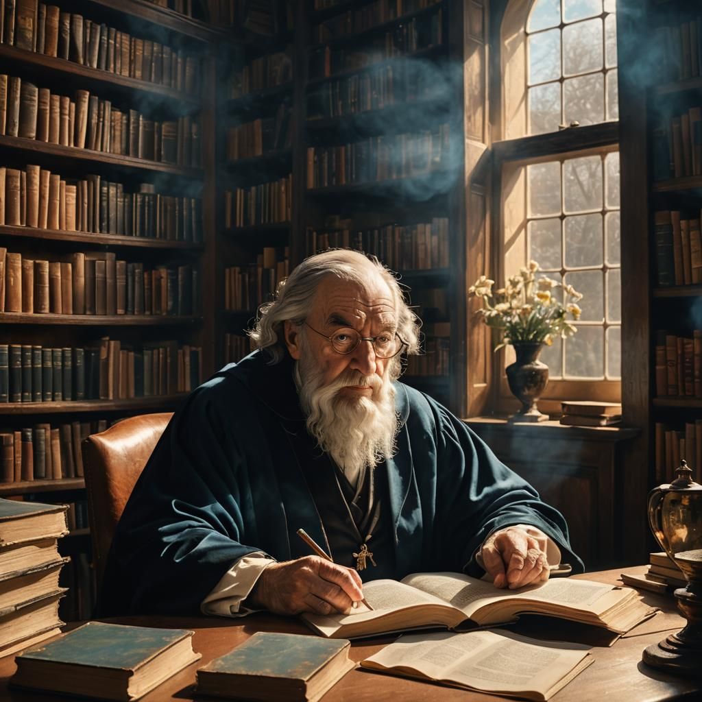Wise Librarian in Dramatic Baroque Lighting