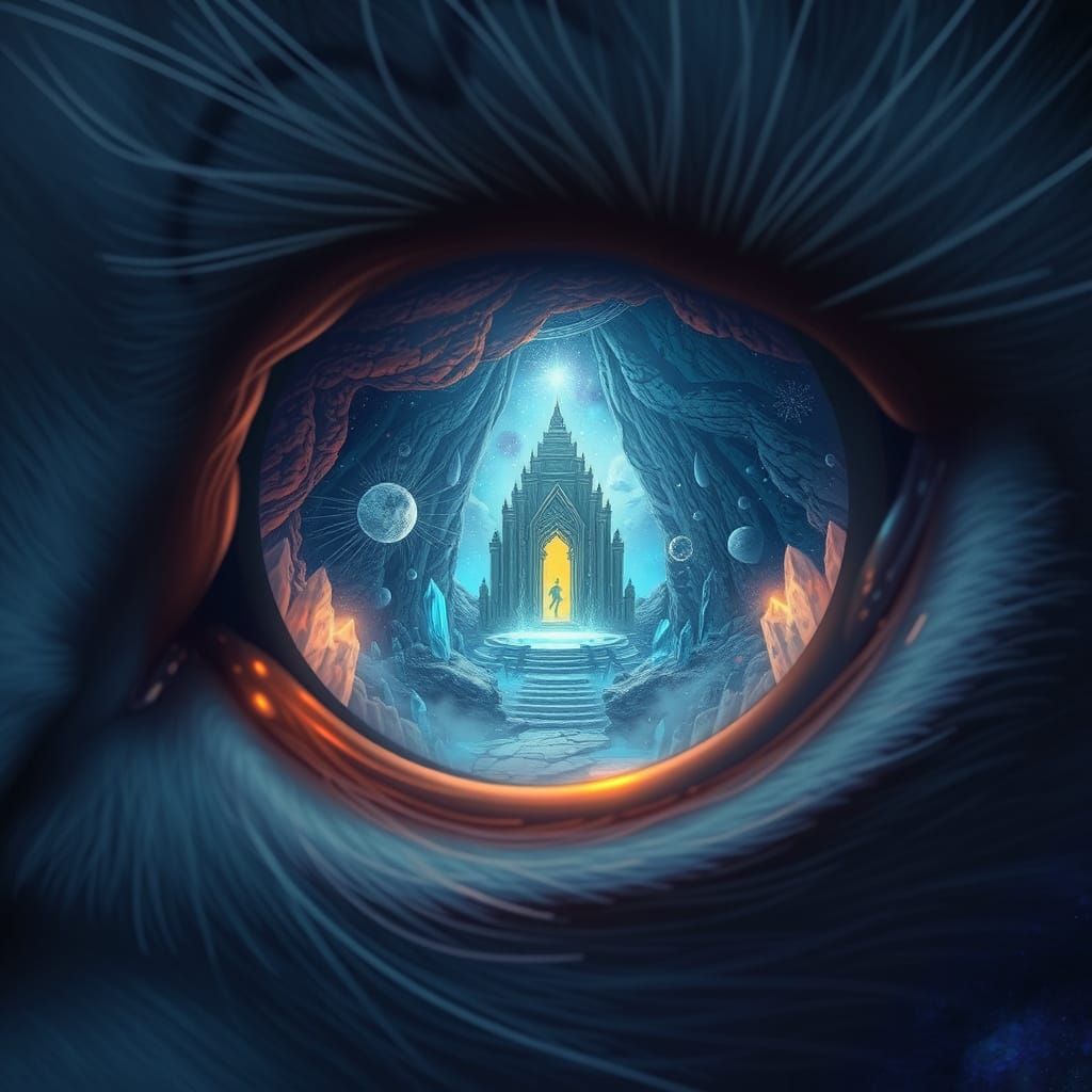 Cat Eye Reflecting Cosmic Temple in Dreamlike Cave