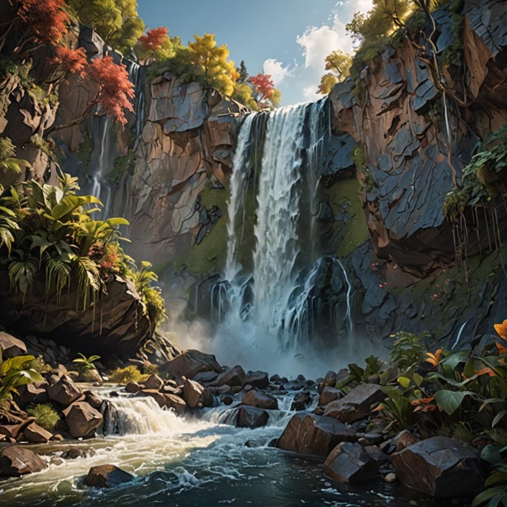 Hyperrealistic American Biomes Waterfall Splash Art