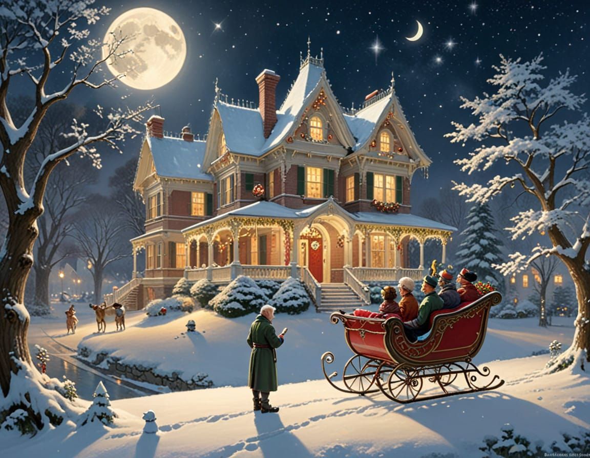 Majestic Christmas Sleigh Soars Over Elegant Victorian Mansi...