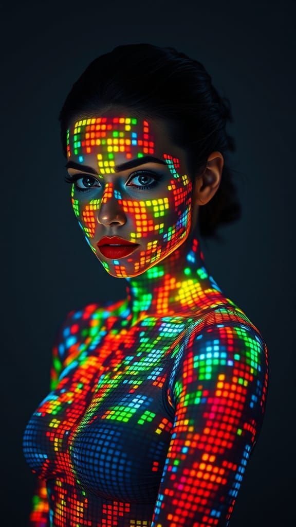 Glowing Cyberpunk Goddess in Vibrant Pixelate Hologram