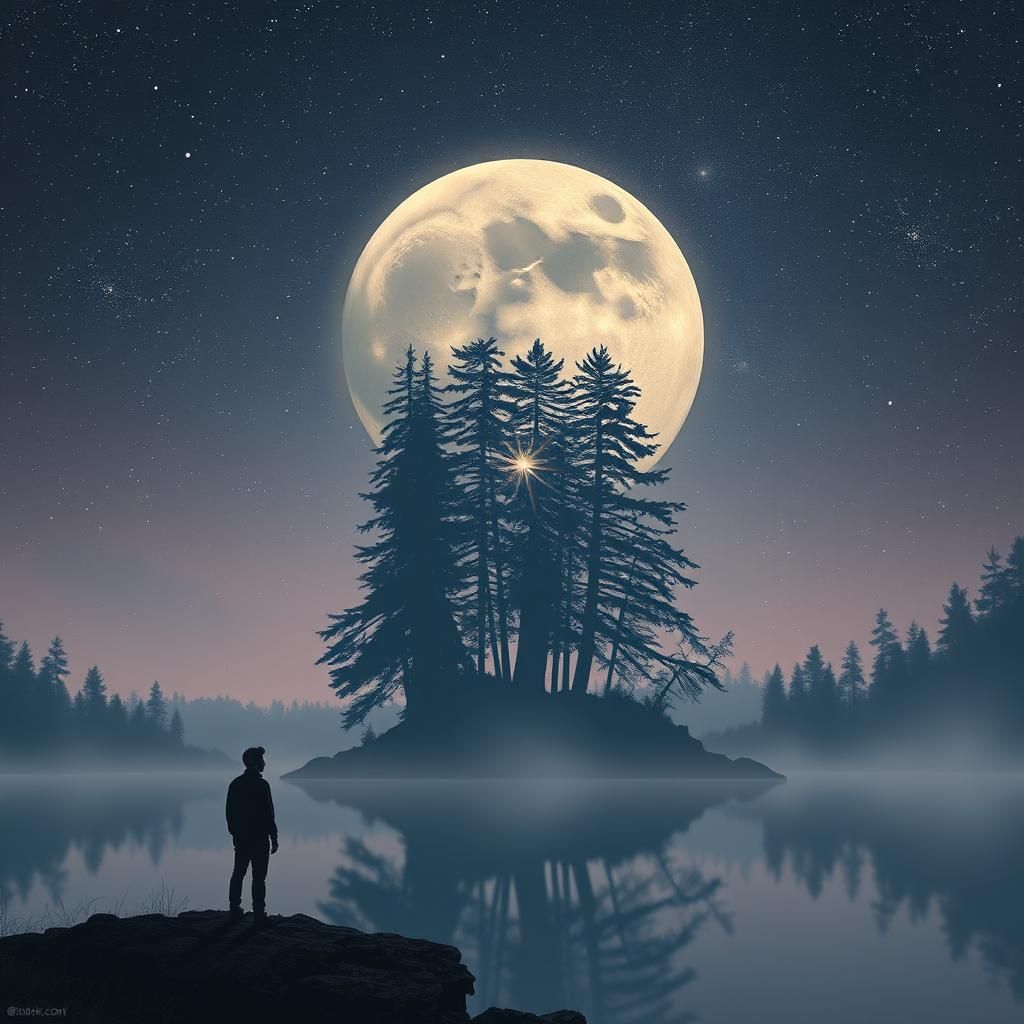 Contemplative Figure at Moonlit Lake in Atmospheric Futurism