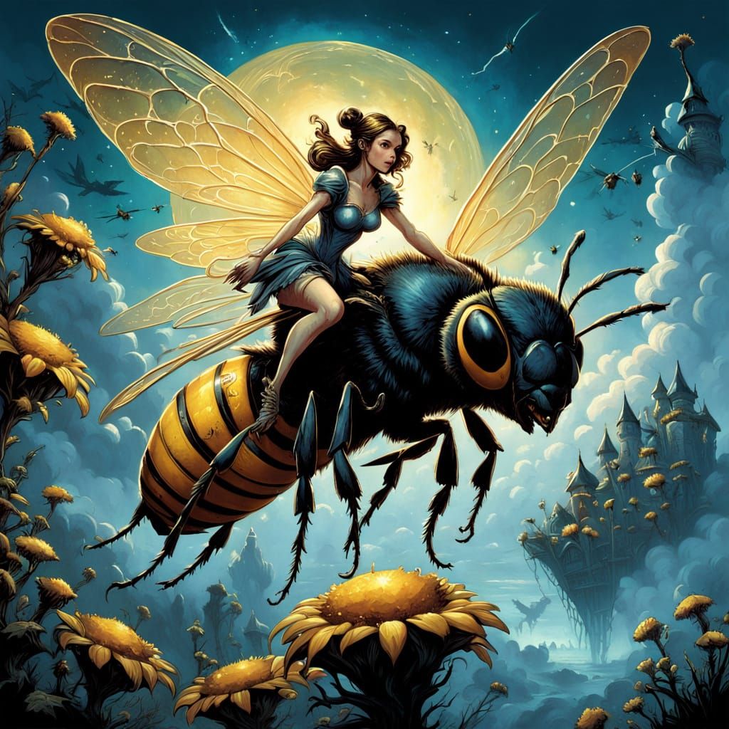 Mythical Fairy Soars on a Majestic Bee in the Sky