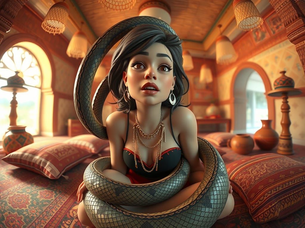 Hypnotic Snake Coils Dazed Woman: Cartoon 3D Art
