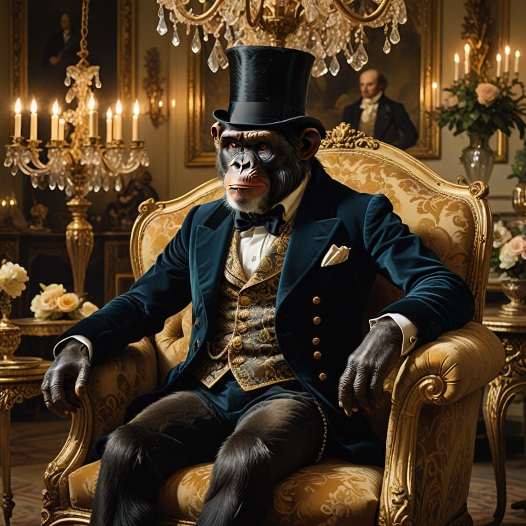 Chimpanzee in Georgian Elegance, Pipe in Hand