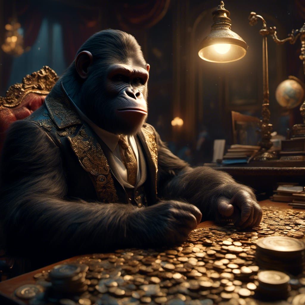 Victorian Ape Counting Coins in Comic Book Style