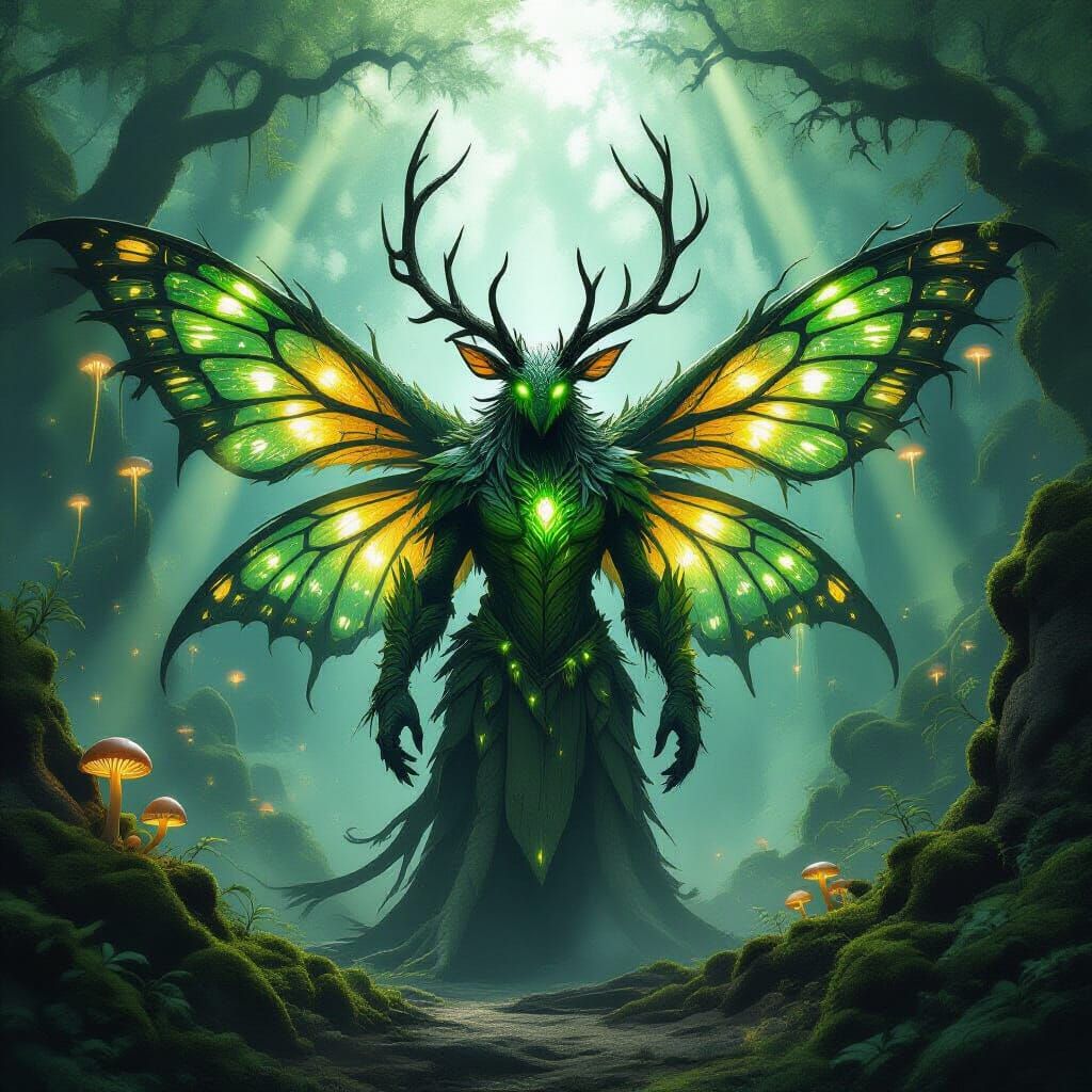 Colossal Forest Dragon-Moth Guardian in Misty Clearing