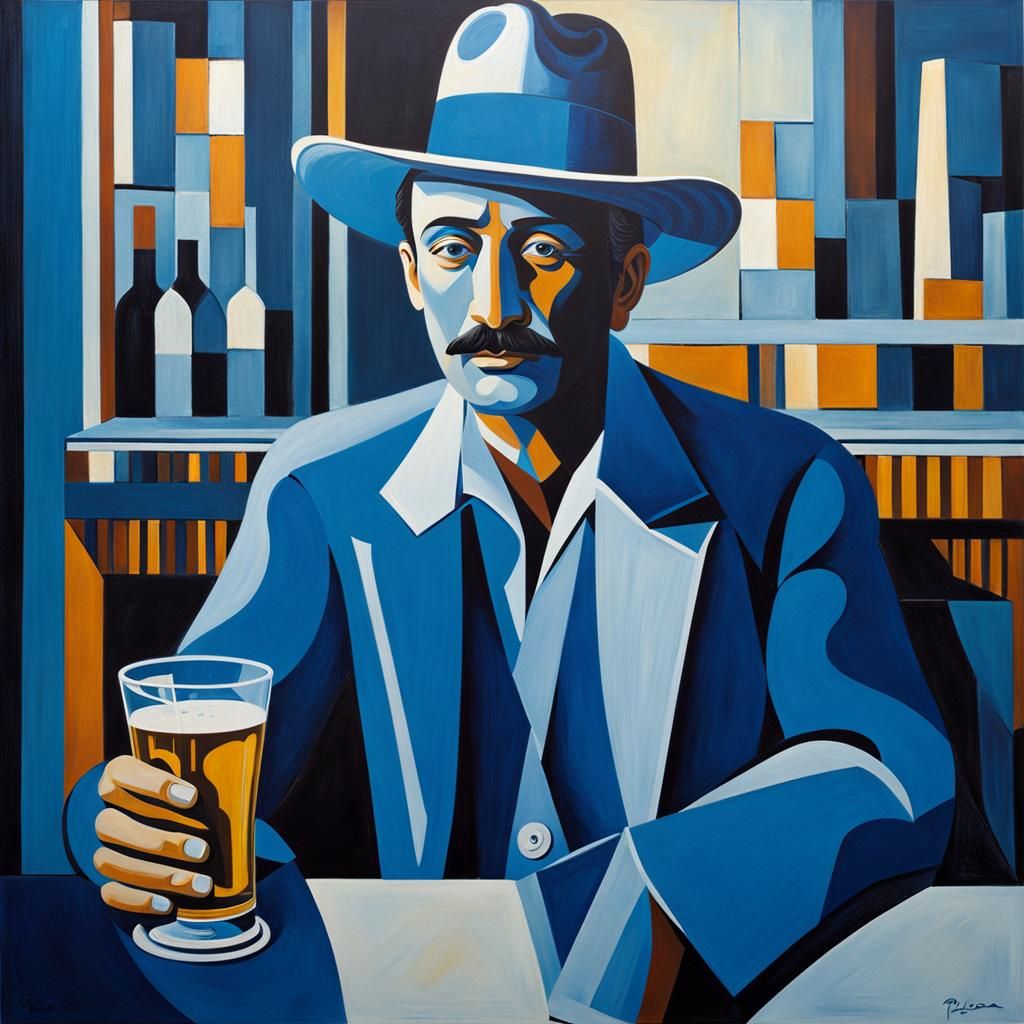 Blue Monochrome Man at Bar in Picasso Style
