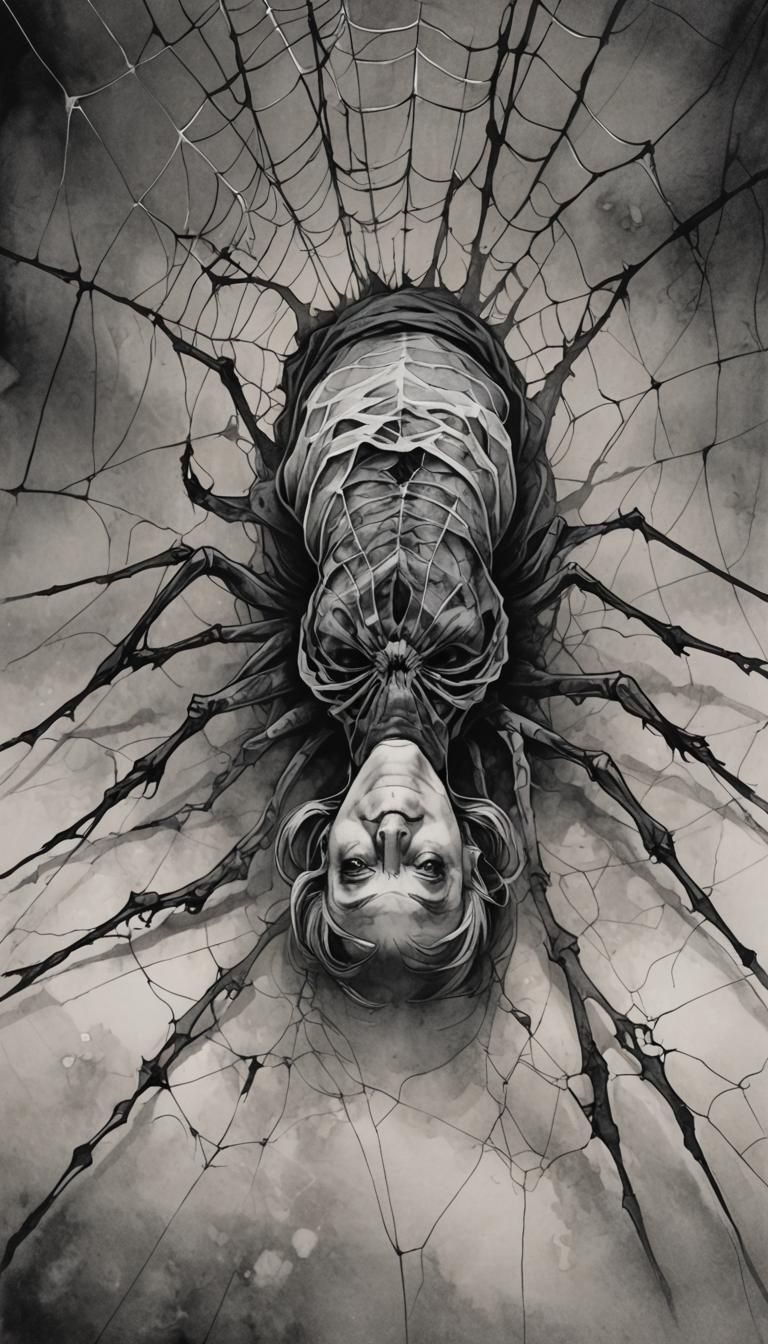 Symbolic Ink Drawing of an Old Woman and Spiderweb