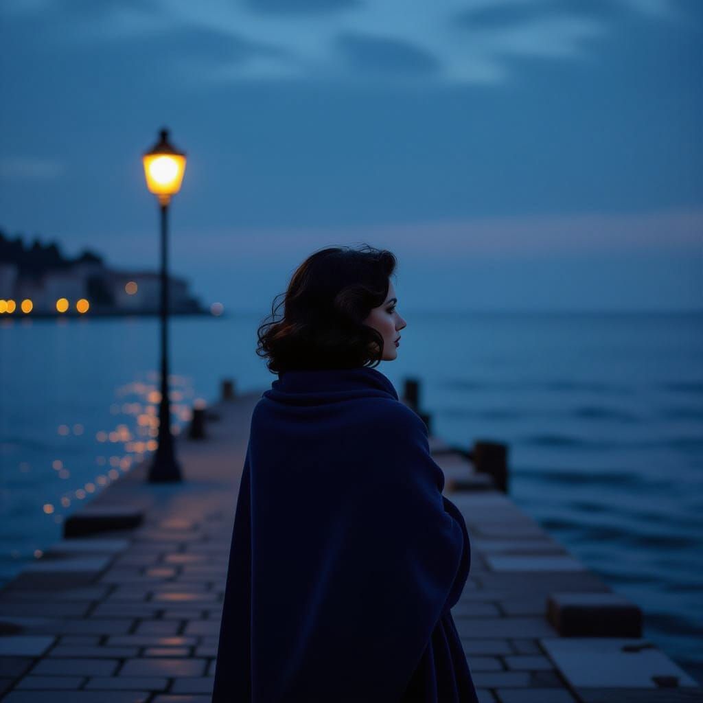Italian Woman on Pier in 1960s Cinematic Style
