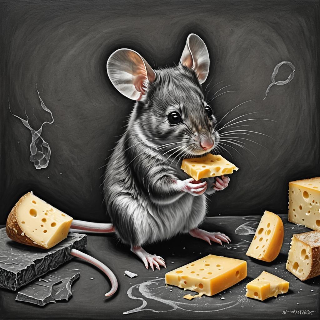 Hyperdetailed Charcoal Drawing of Mouse Eating Cheese