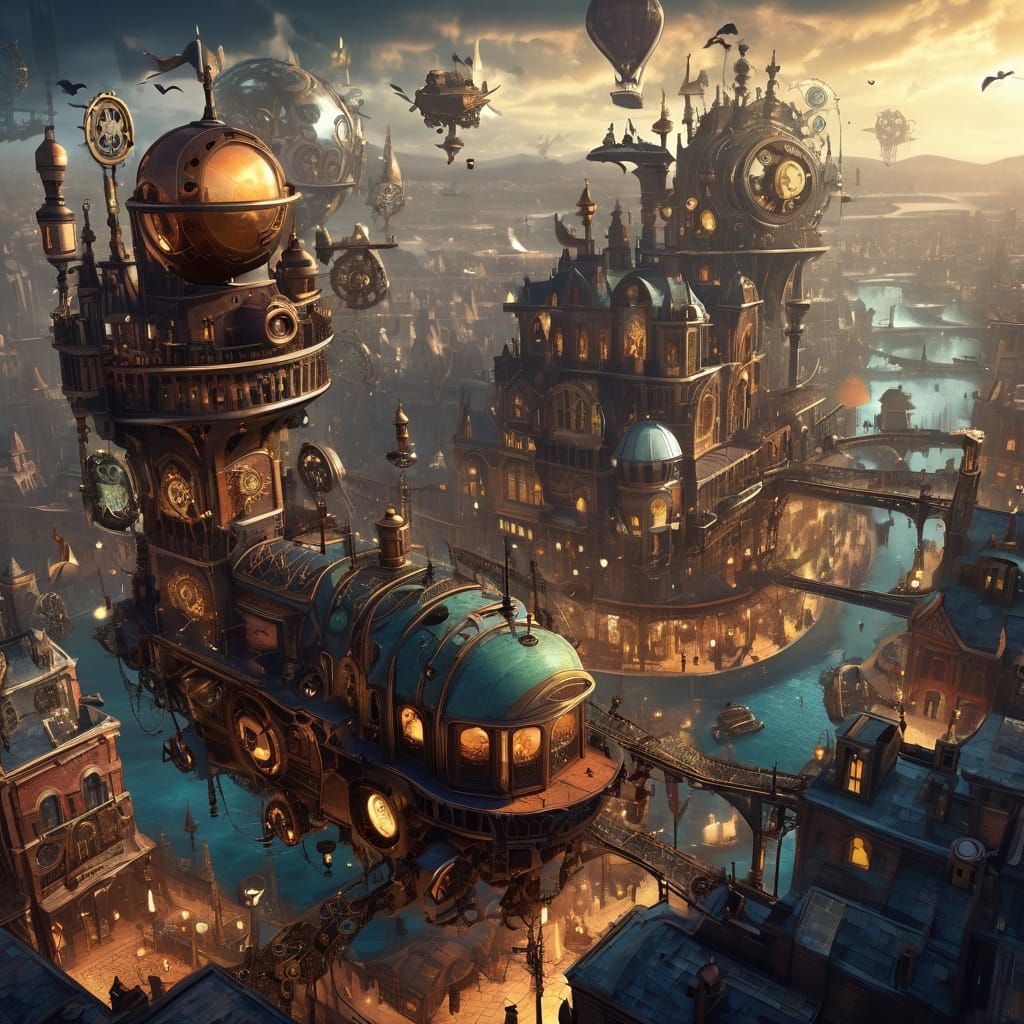 Steampunk City Bird's Eye View in 8K