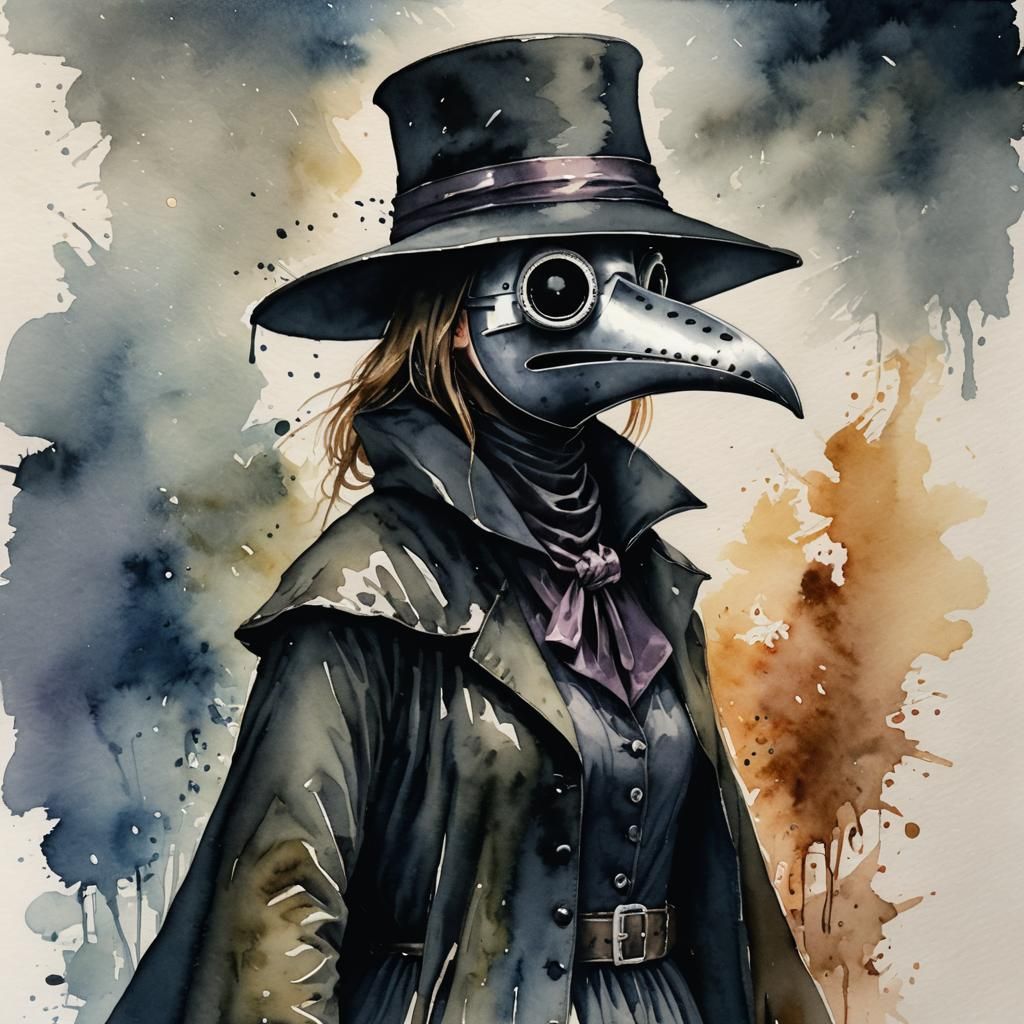 Watercolor Plague Doctor in Horror Style