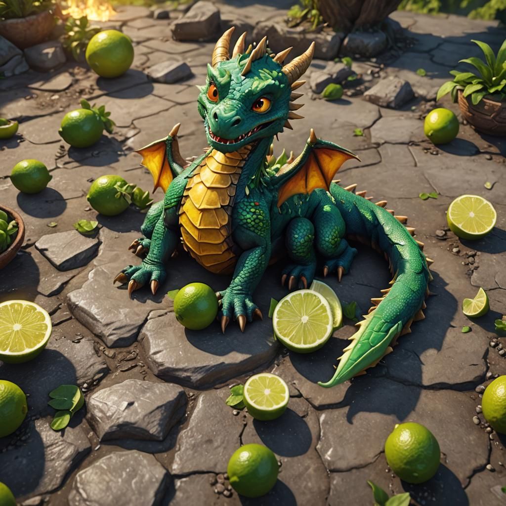 Cute Dragon Lounging on the Sun, Eating a Lime