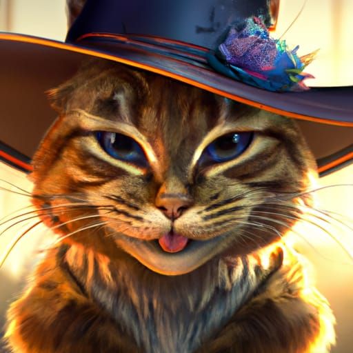 Cat in Hat: Detailed Portrait in Art Nouveau Style