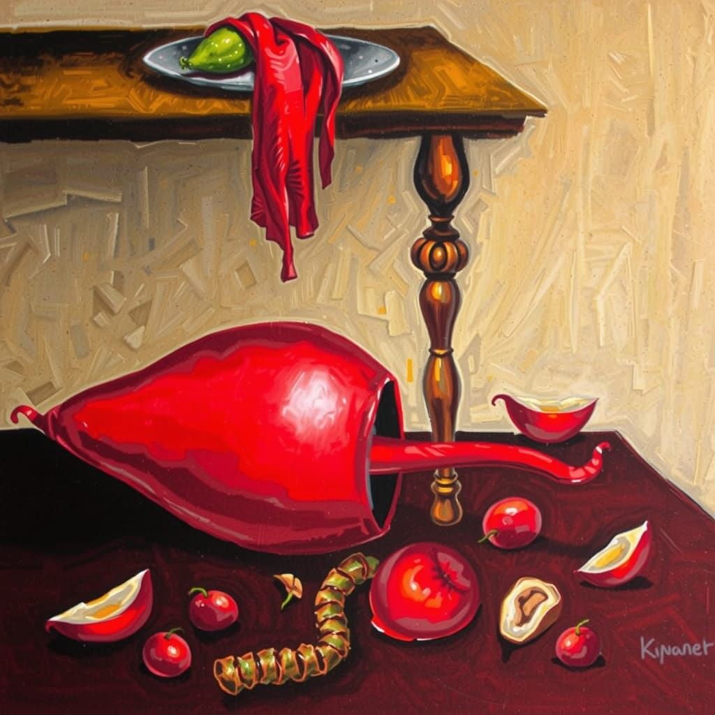 Surrealistic Cornucopia on Ornate Table in Soft Focus Oil Pa...