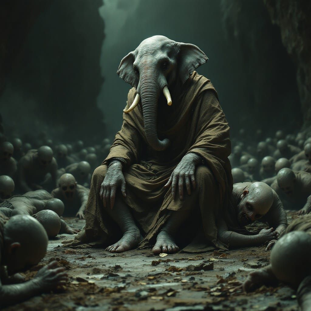 Surreal Elephant Figure Rides Humanoid in Haunting, High-Con...