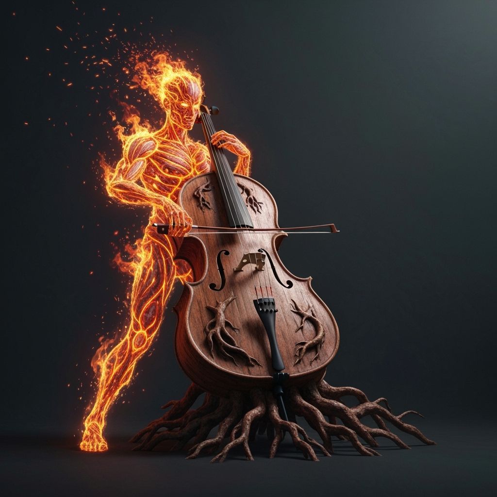 Fire Humanoid Plays Cello in Surreal Atmosphere