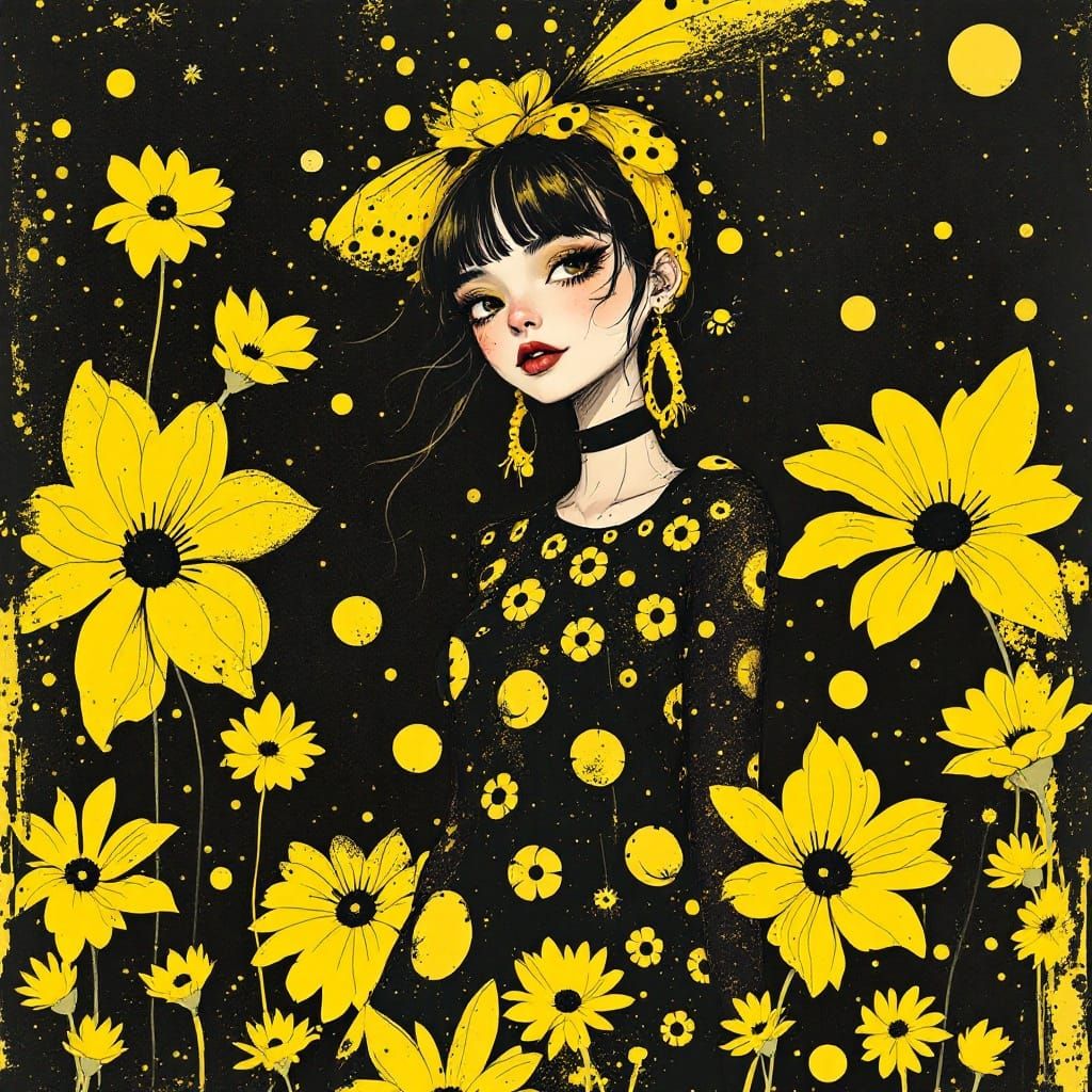 Woman in Bee-Inspired Dress, Sketchy Mixed-Media Art