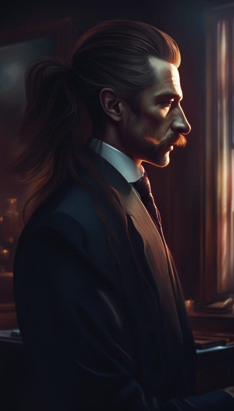 Man with Ponytail and Mustache in Detailed Matte Painting