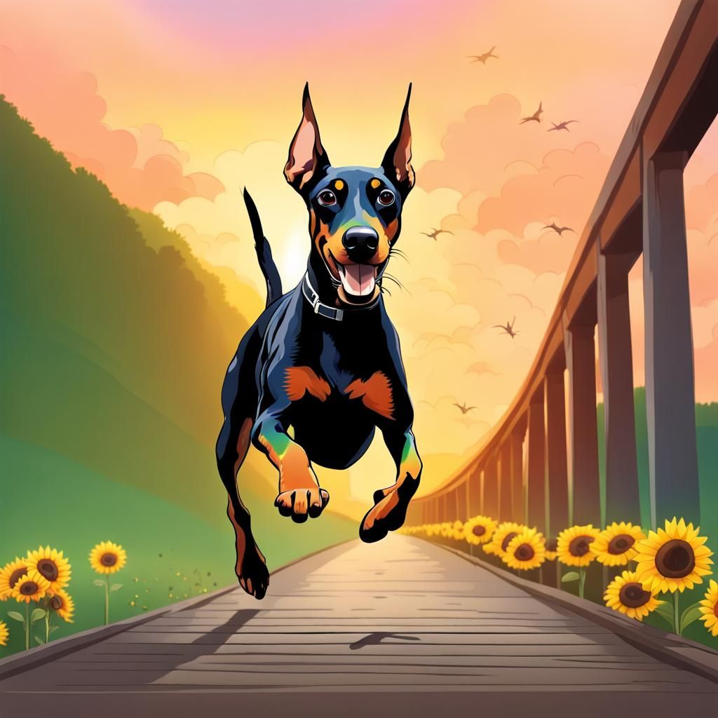 Rainbow Doberman Runs to the Light