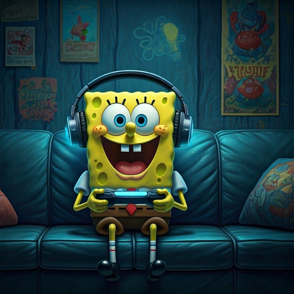 Spongebob Plays PlayStation in Retro-Futuristic Style