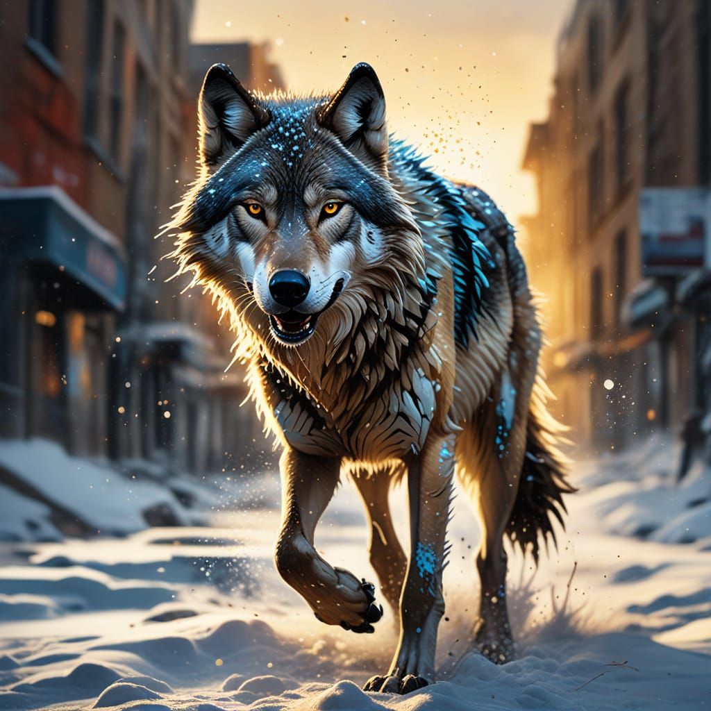 Wolf Running in Snow: Vibrant Graffiti Street Art