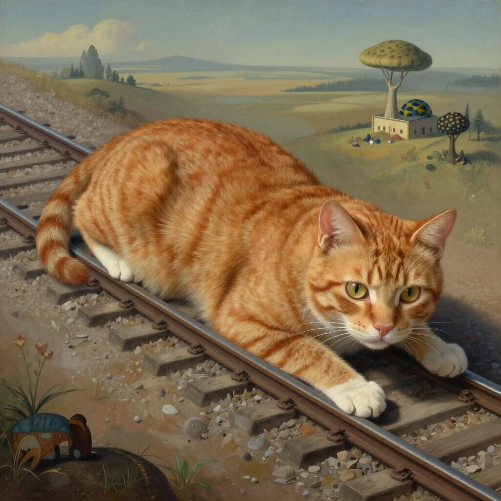 Giant Ginger Cat on Train Tracks: Surreal Painterly View