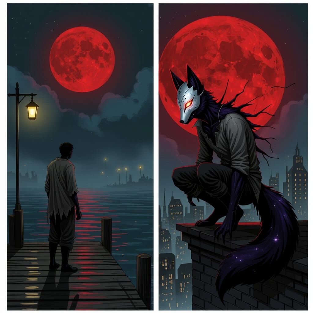 Dark Fantasy Man Transforms into Starlight Fox Demon