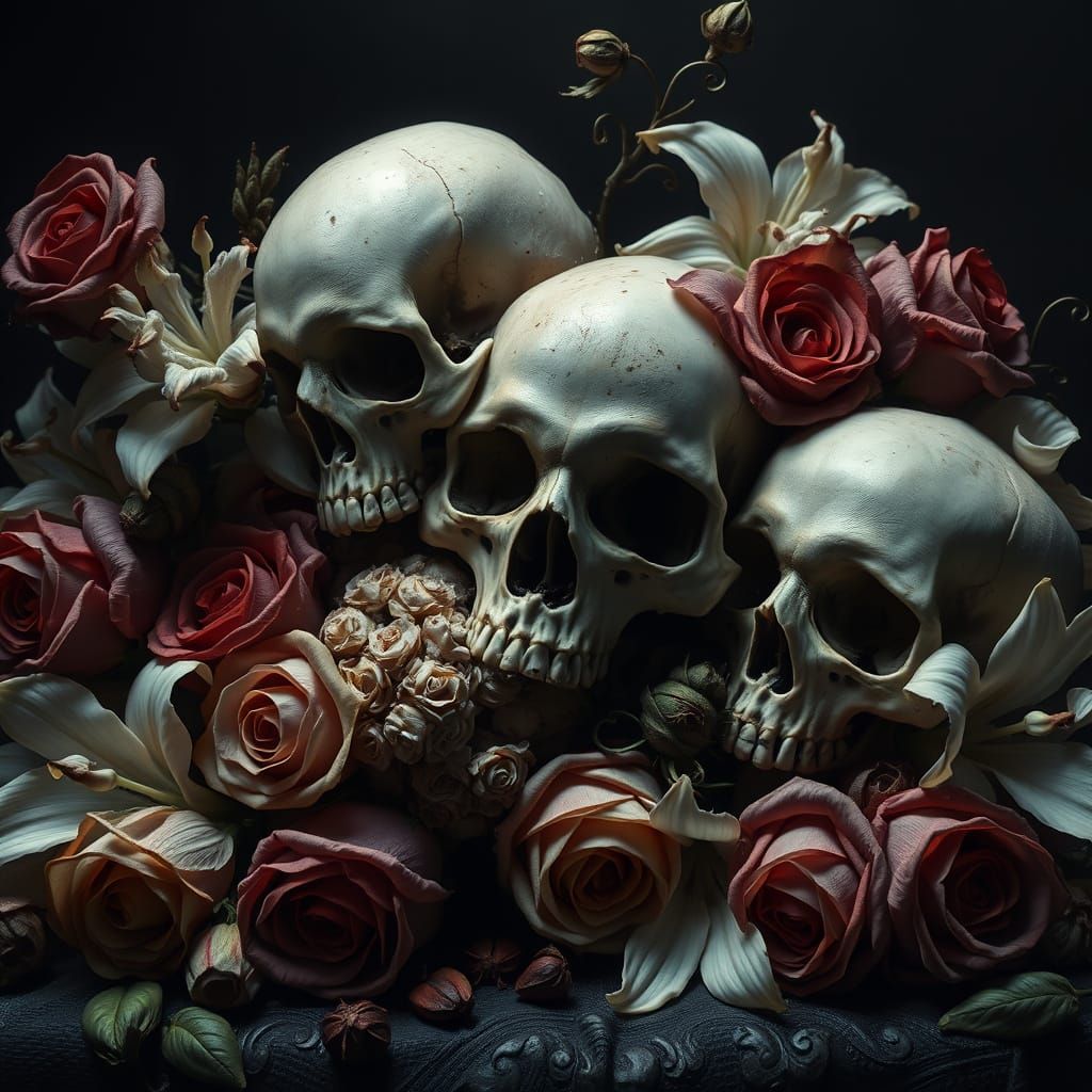 Macabre Still Life of Skulls and Flowers in Baroque Style