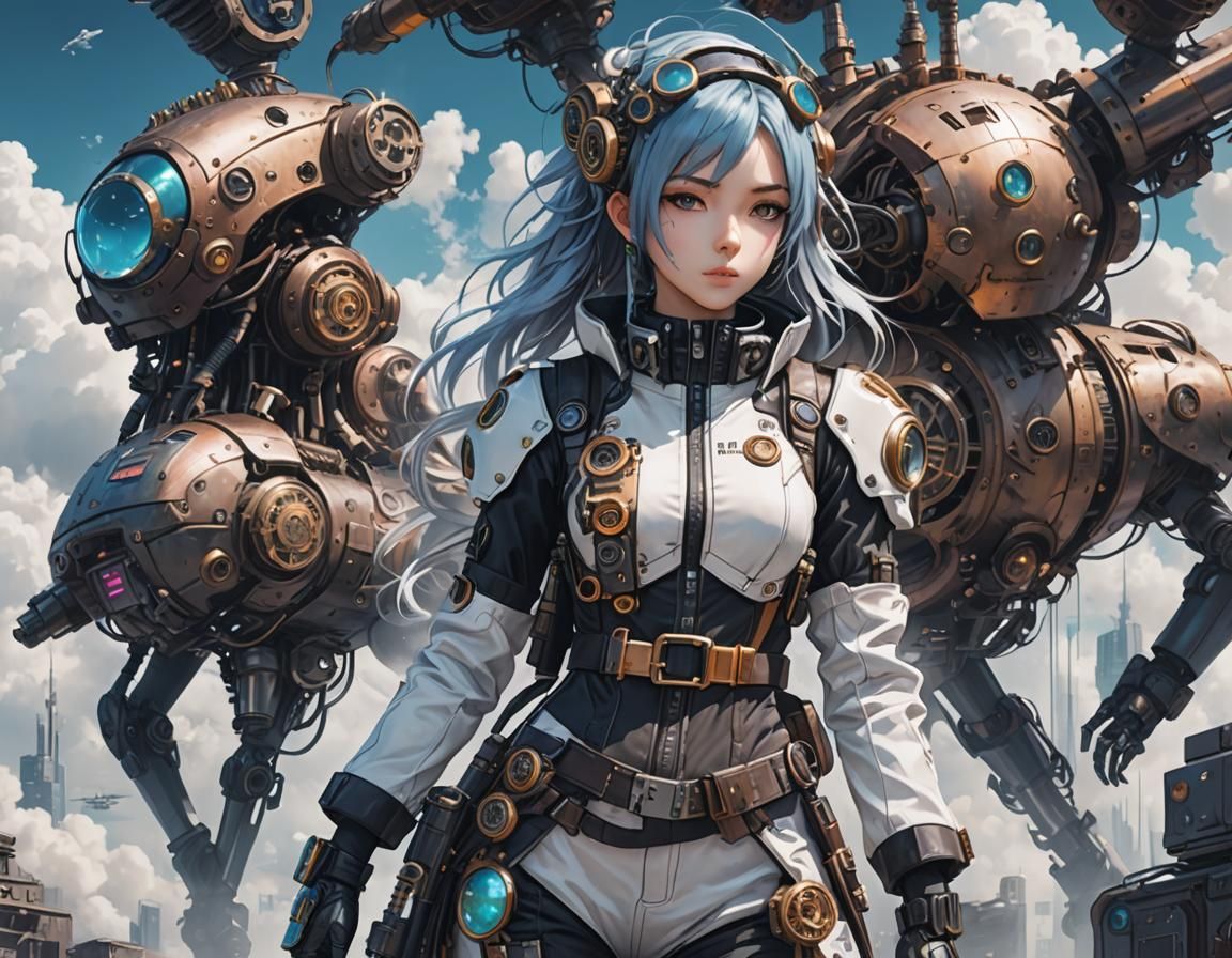 Anime Girl in Cyberpunk Steampunk Suit