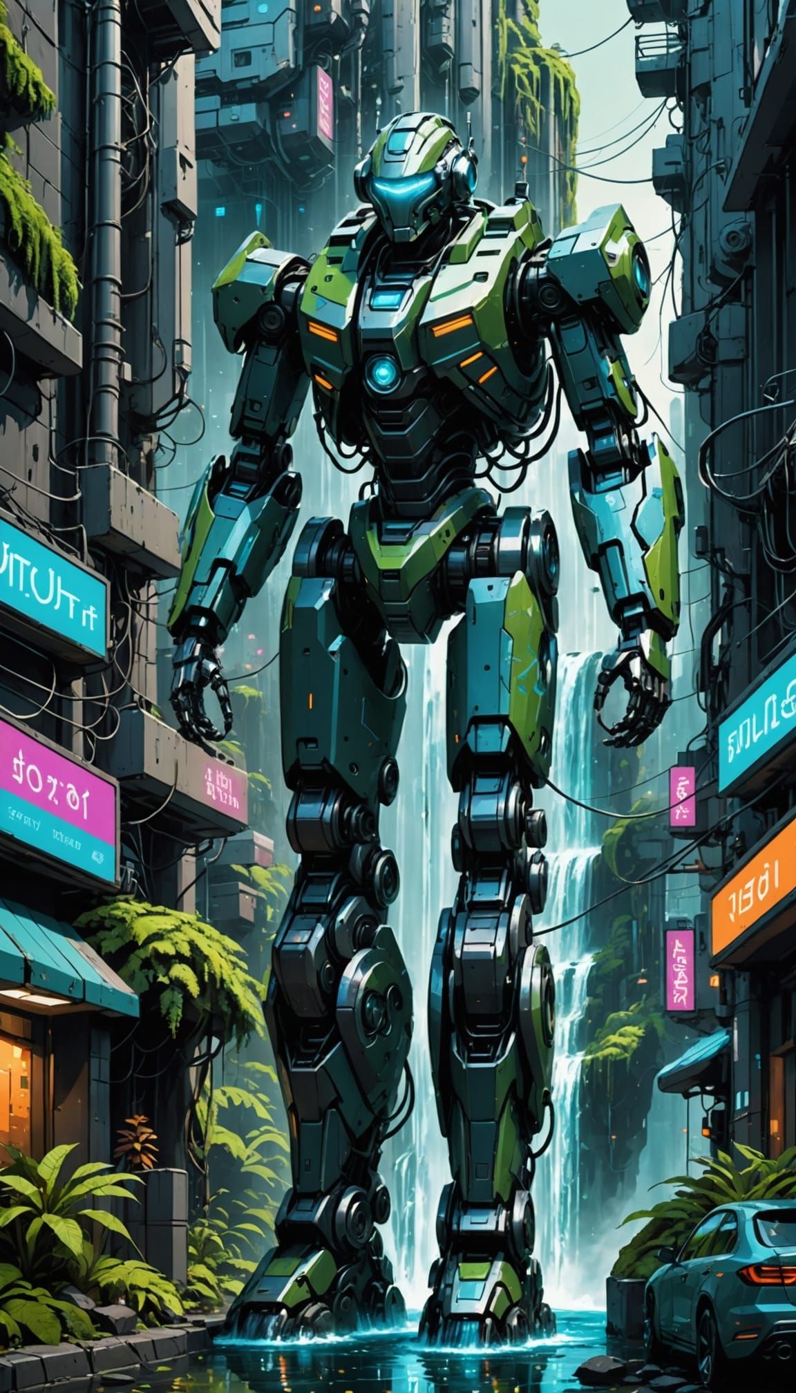 Bioluminescent Waterfall Robot in Cyberpunk Cityscape