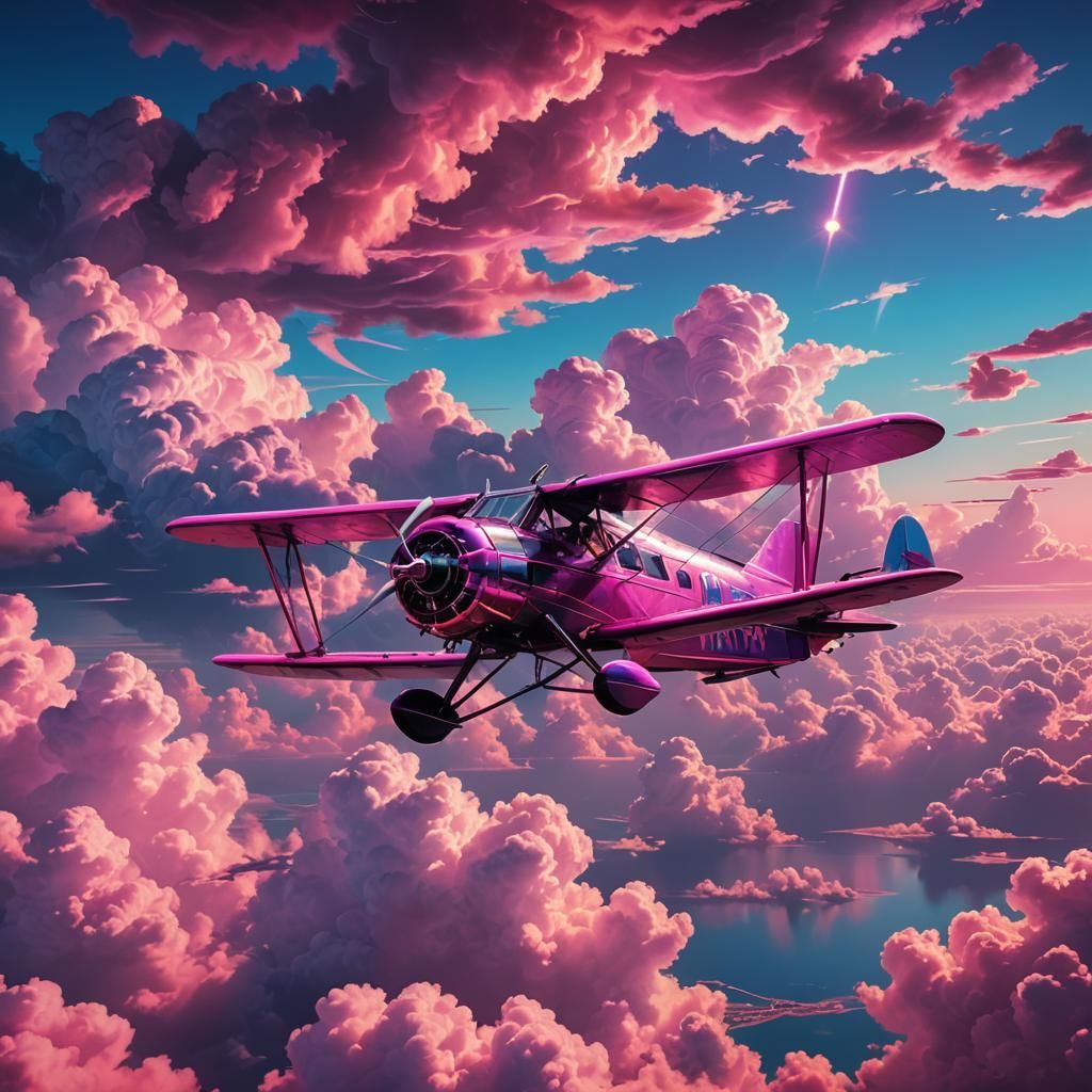 Biplane Dive in Synthwave Neon Retro Style
