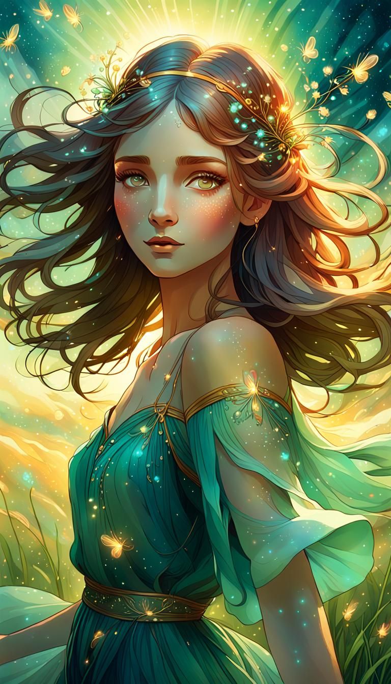 Art Nouveau Woman Dancing in Meadow at Dawn