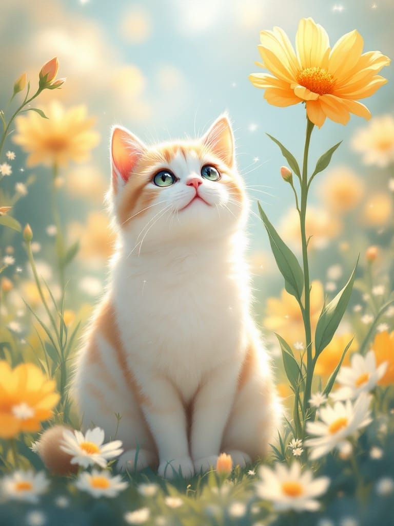 Adorable Cat Under Flowers with Luminous Anime Style