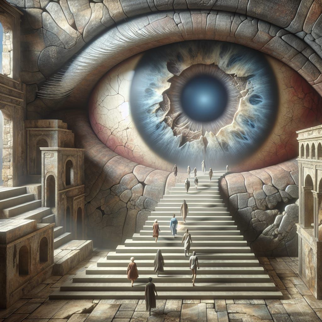 Colossal Stone Eye Reflecting Decaying Cityscape