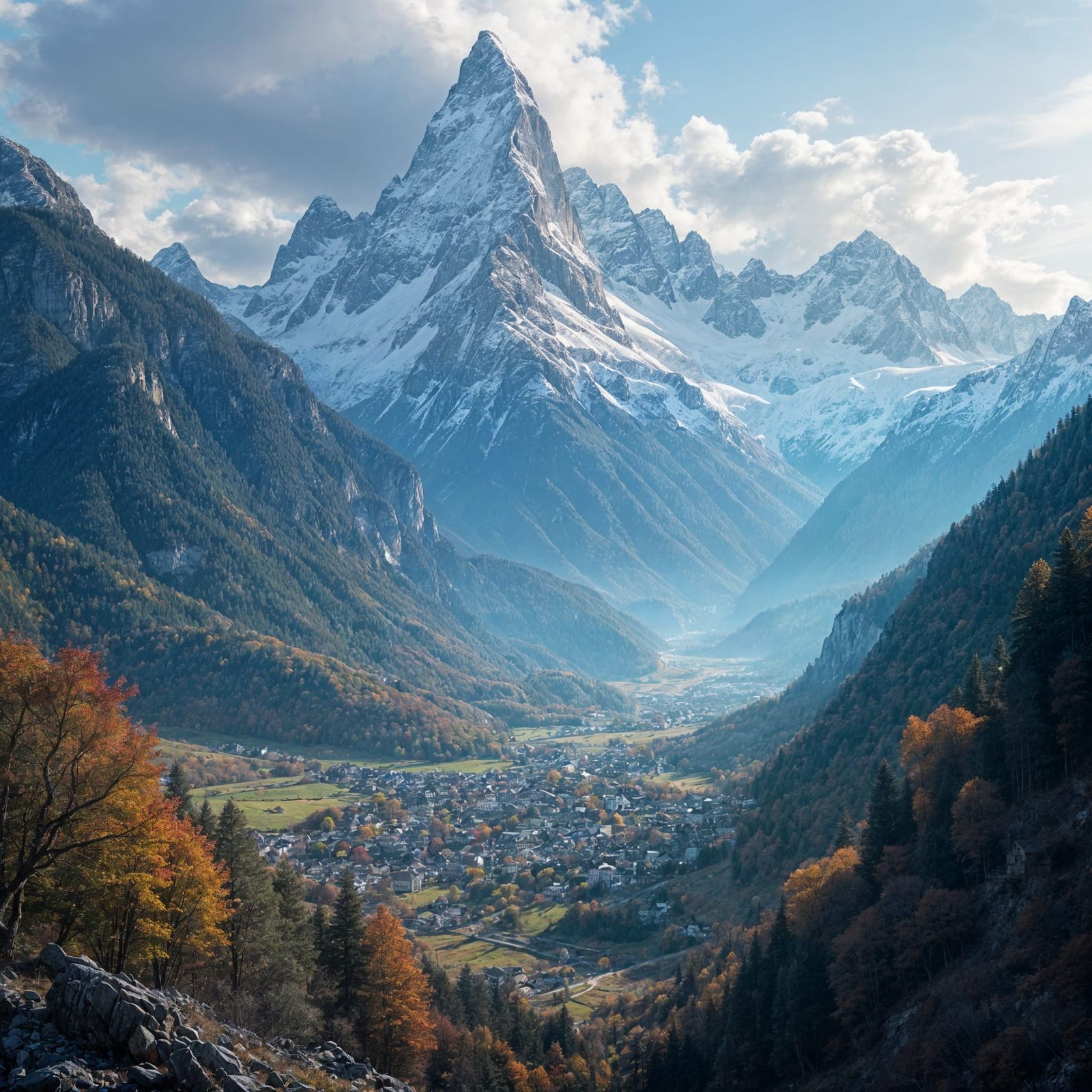 Fantasy Mountain Landscape with Medieval Villages
