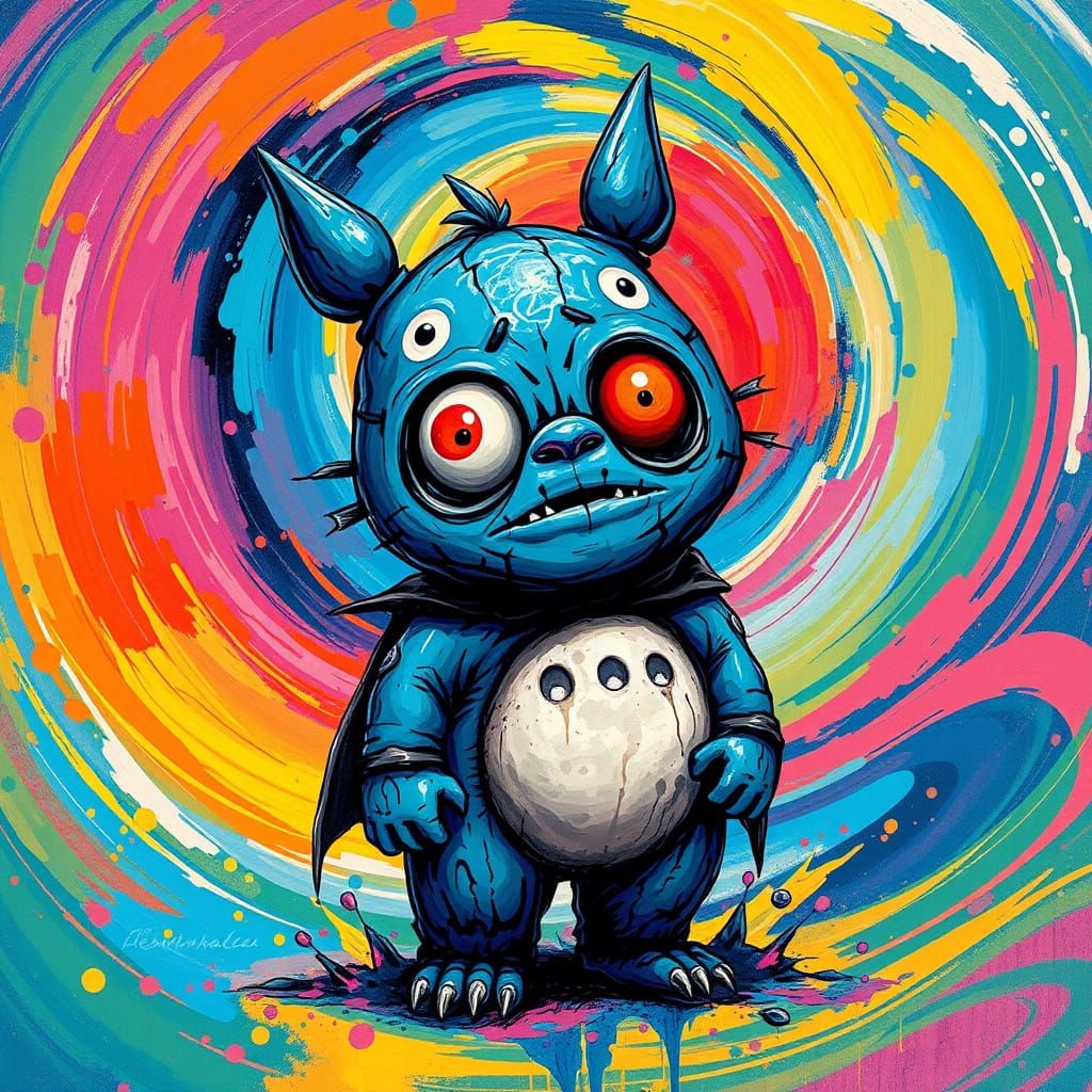 Electric Blue Zombie Vampire Teletubby Totoro in Swirling Dr...