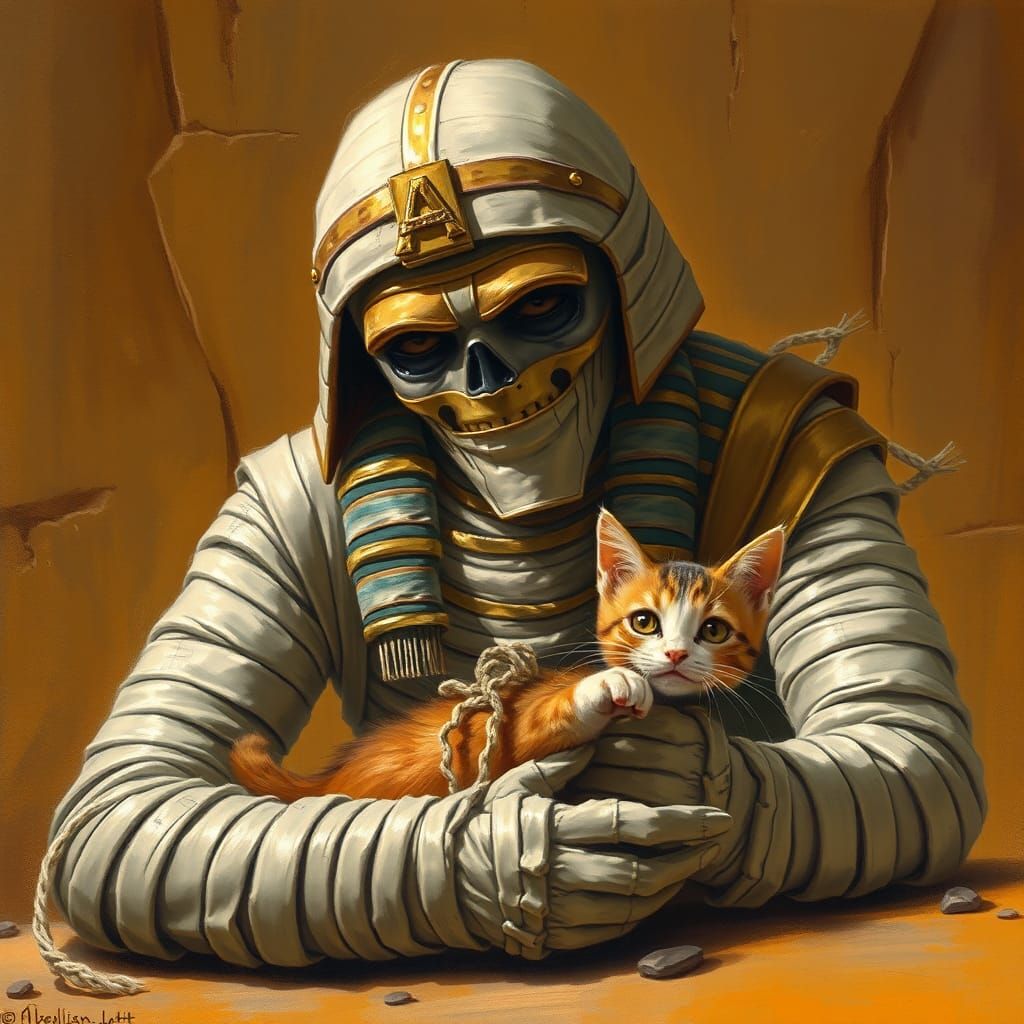 Egyptian Mummy Rescuing Cat Gouache Painting