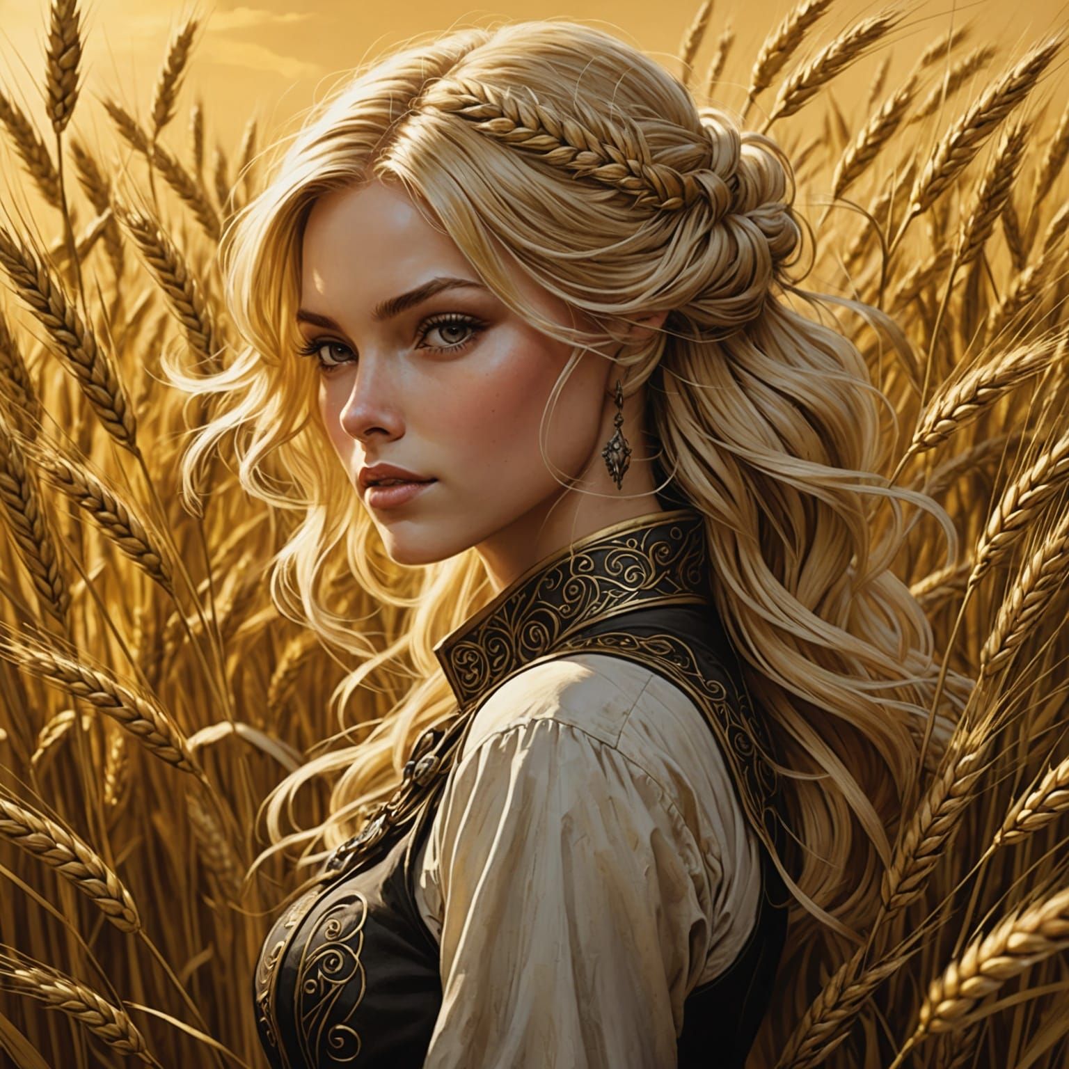 Anime Woman in Wheat Field, Chiaroscuro Style