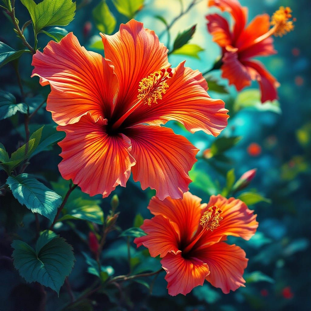 Vibrant Hibiscus Blooms in Hyper-Realistic Pointillism Maste...