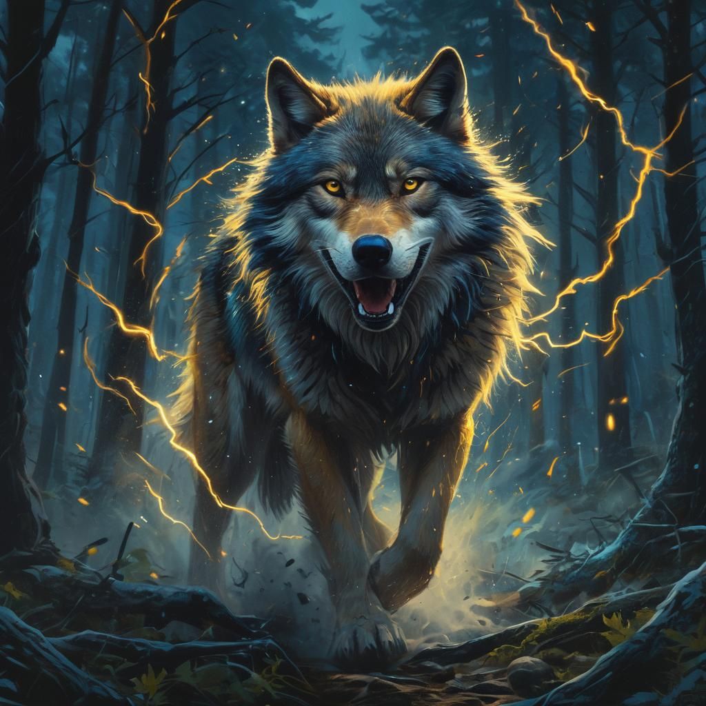 Electrifying Mythic Wolf in Stormy Forest Illustration