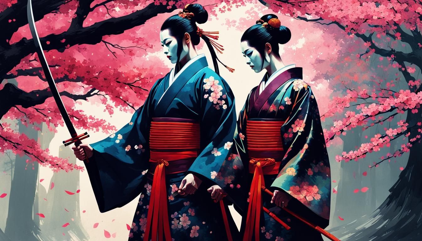 Dramatic Kabuki Scene in Cherry Blossom Spring