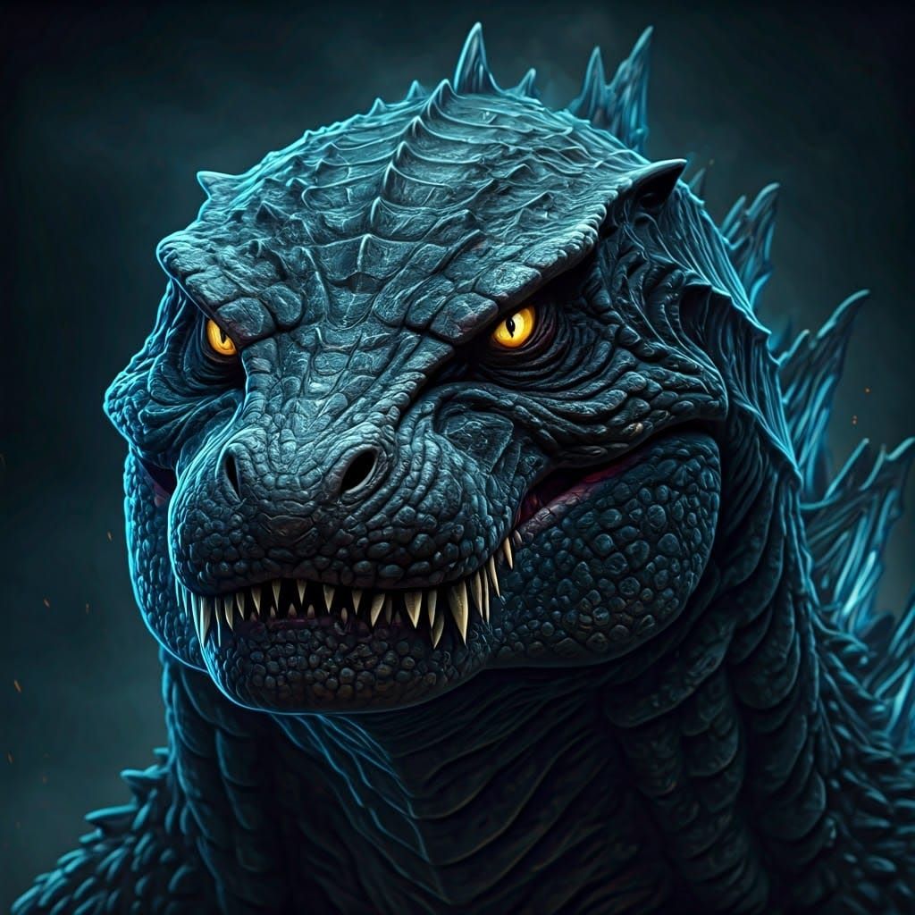 Dark Fantasy Godzilla Concept Art in Hyper-Realistic Cyberpu...