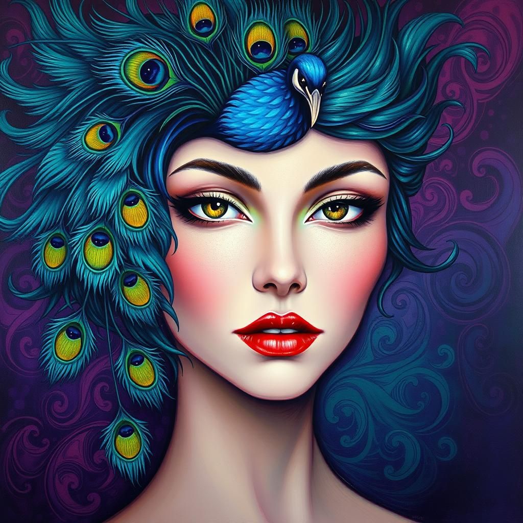 Abstract Woman with Peacock Feathers, Digital Art