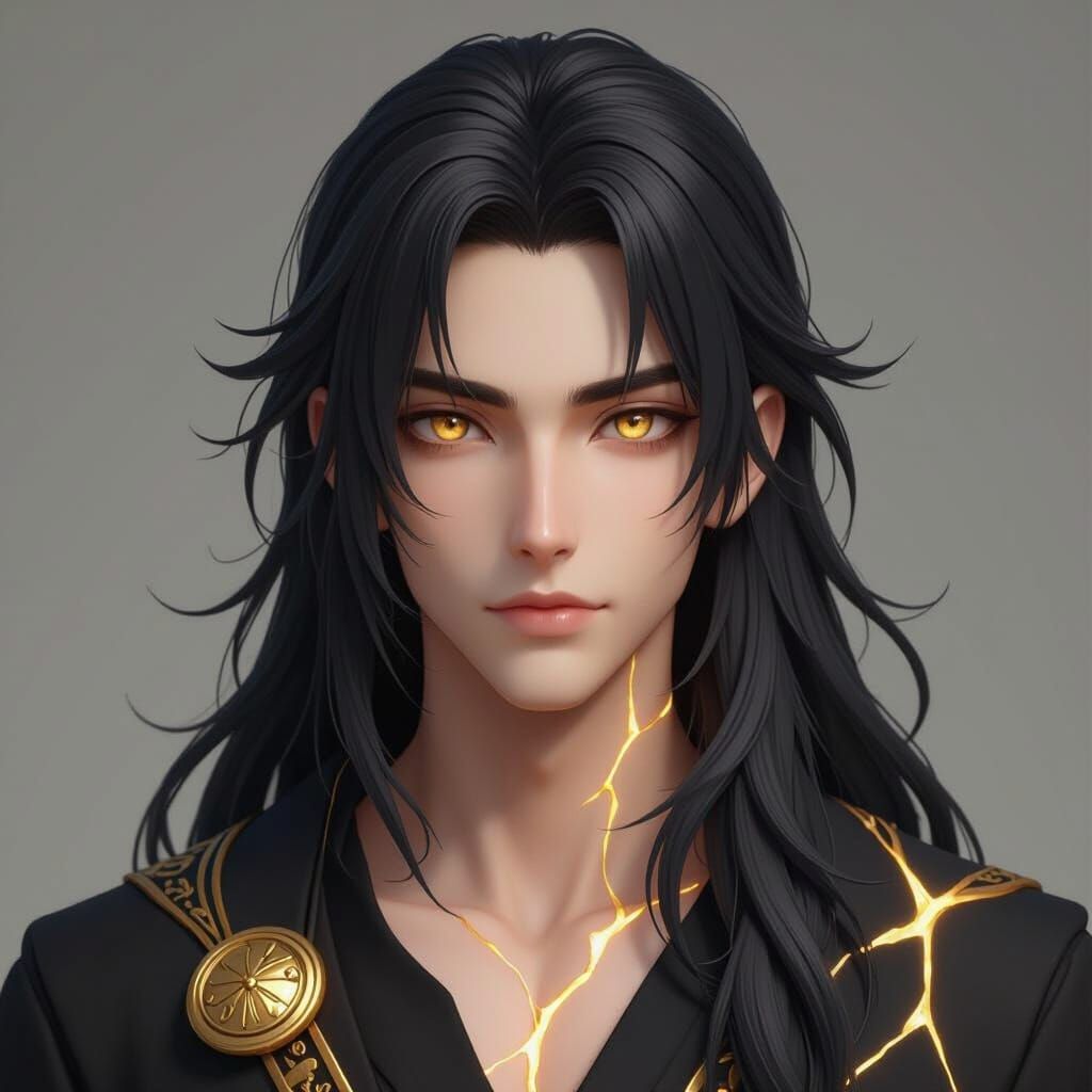 Shadow-Skinned Man with Gold Cracks in Anime Style