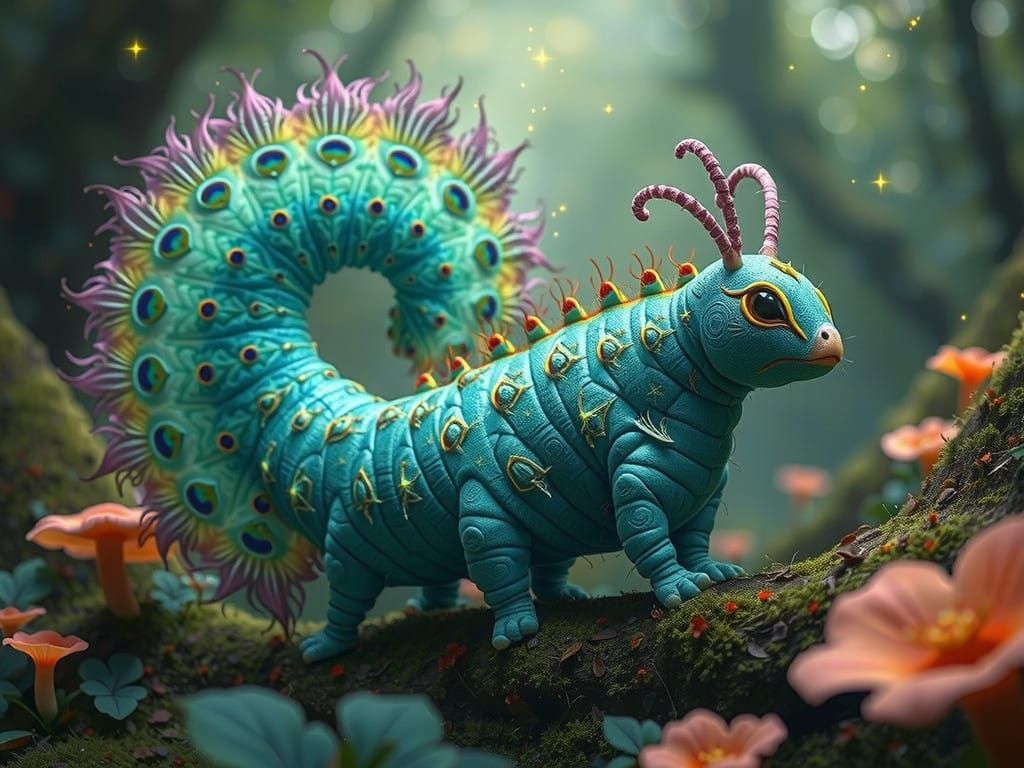 Emerald Peacock-Caterpillar Hybrid in Whimsical Forest