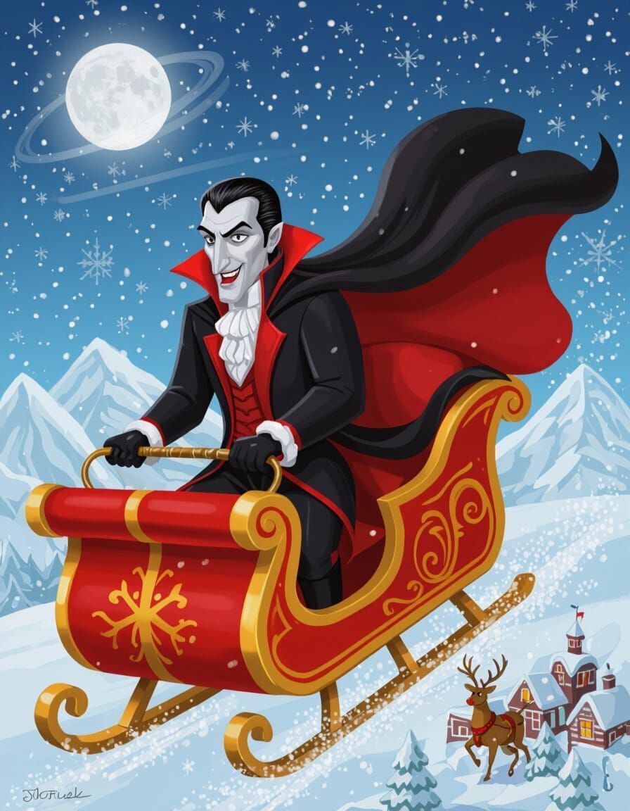 Dracula Rides Santa's Sleigh Through North Pole